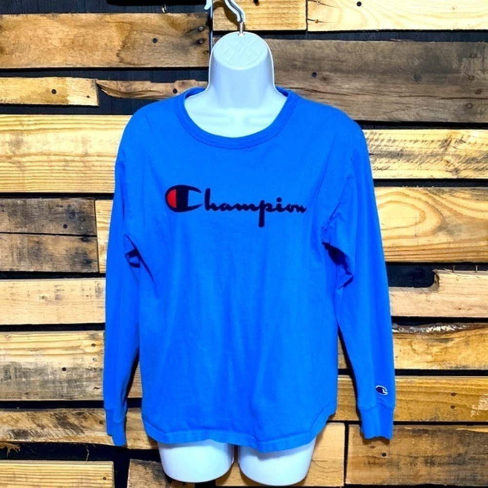 Vintage Champion Long Sleeve Blue Spellout Shirt Raised Velvet Letters Small
